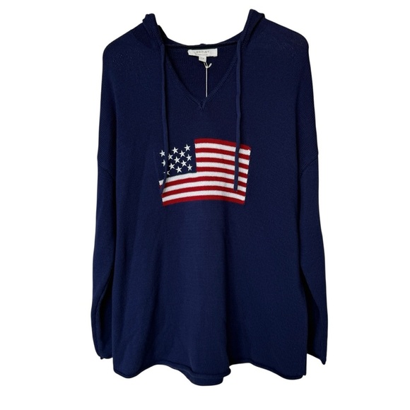 NWT! BRIT.NY Women's American Flag 1X Blue Pullover Sweater Hoodie Long Sleeve - Picture 2 of 10
